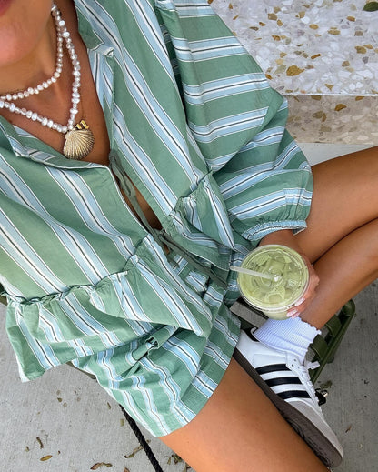 Brunch Babe Green Striped Blouse Shorts Set