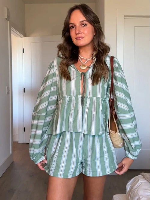 Brunch Babe Green Striped Blouse Shorts Set