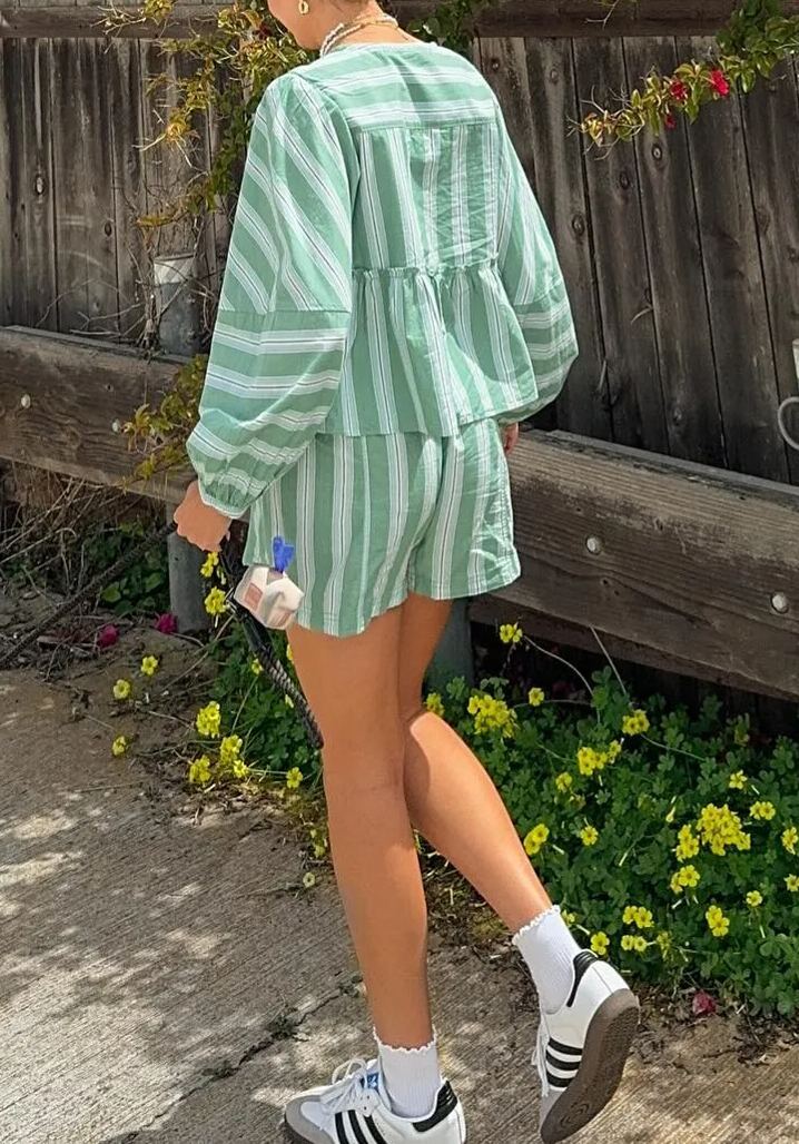 Brunch Babe Green Striped Blouse Shorts Set